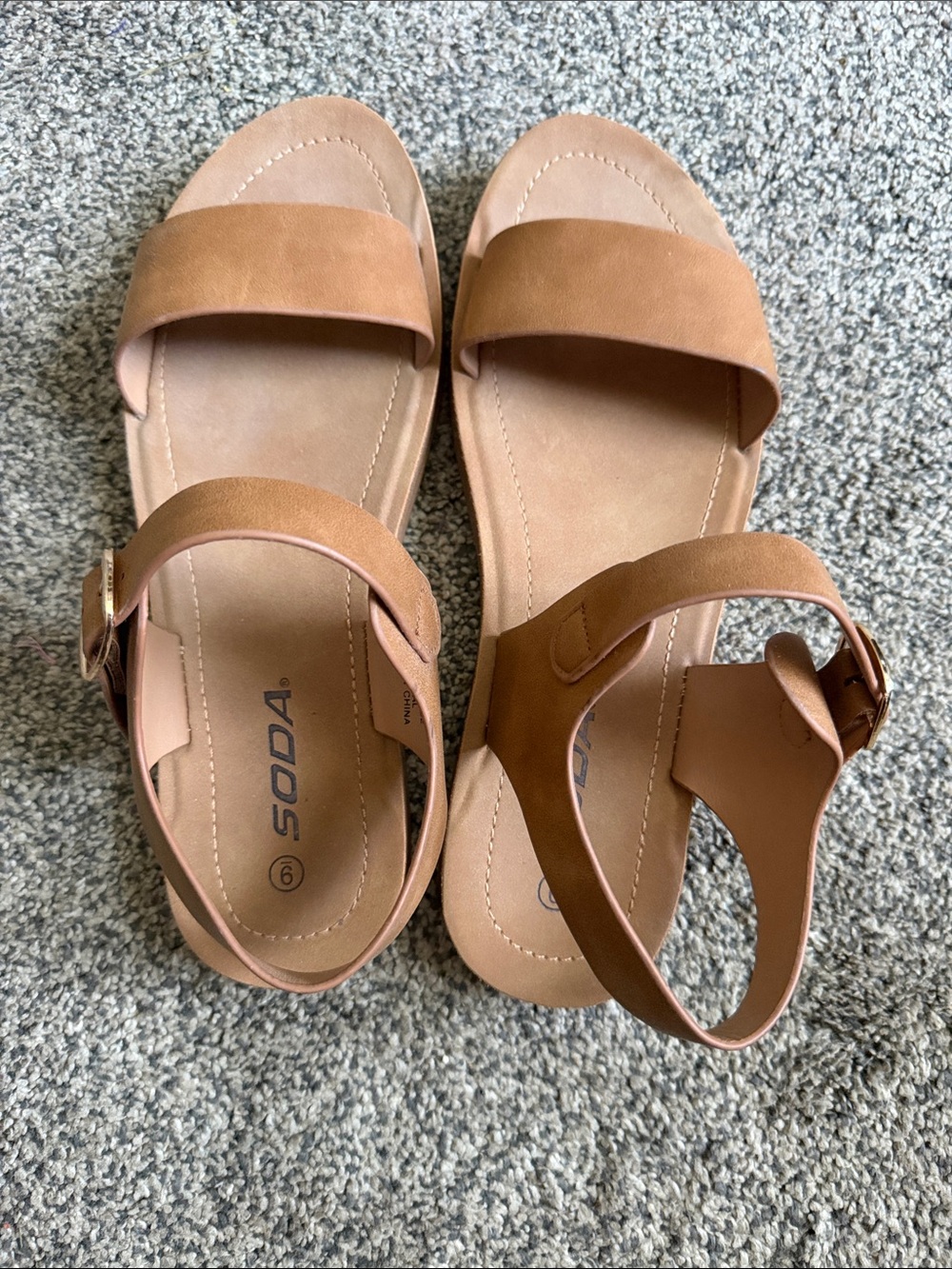 Soda Tan Two-Strap Ankle Buckle Sandals